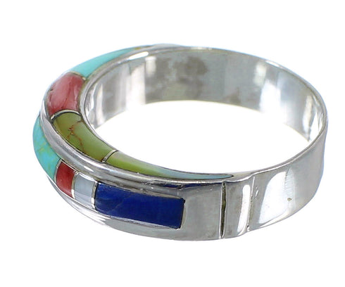 Southwestern Sterling Silver Multicolor Inlay Ring Size 6-1/4 AX87184